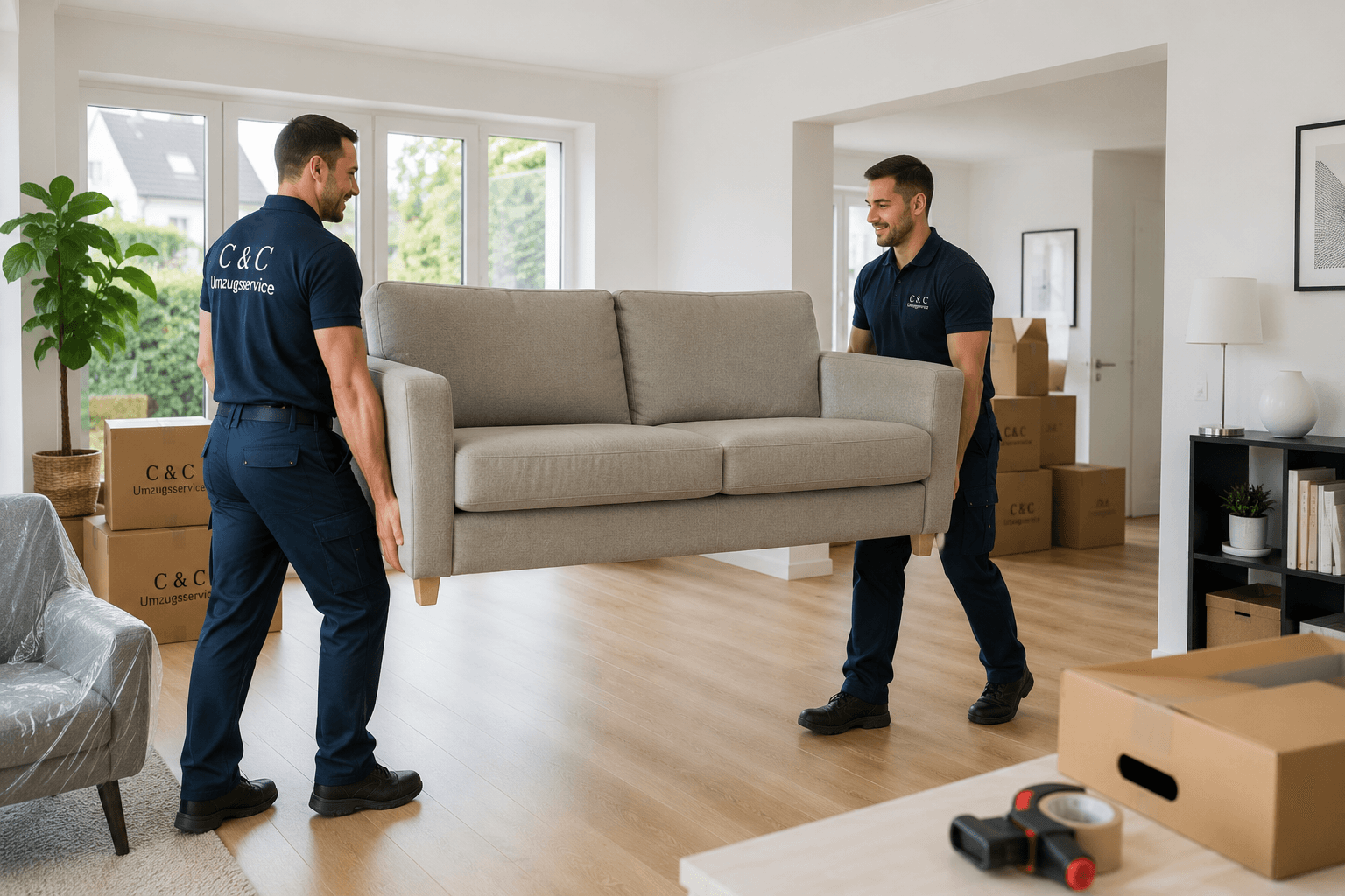 Umzugsteam trägt ein Sofa in eine moderne Wohnung